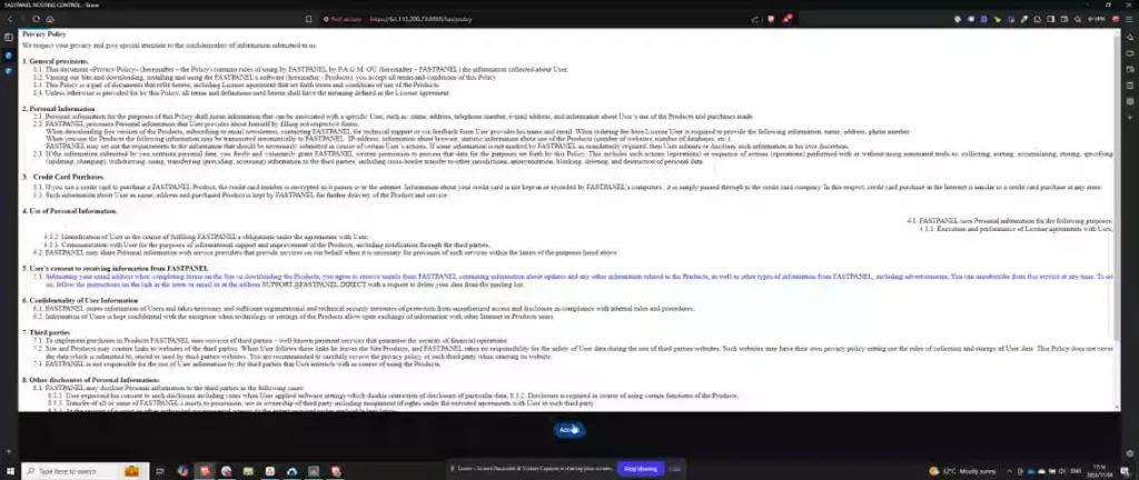 Step 6: Log In and Accept Terms of Use - How to set up FastPanel on Ubuntu 24.04